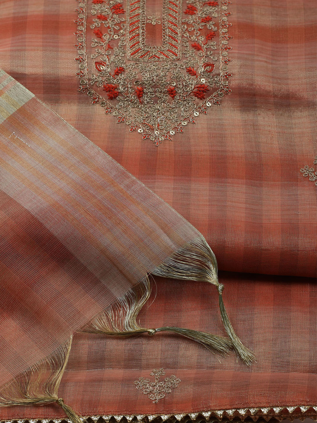 Embroidered Tissue Unstitched Kurta With Pant & Dupatta