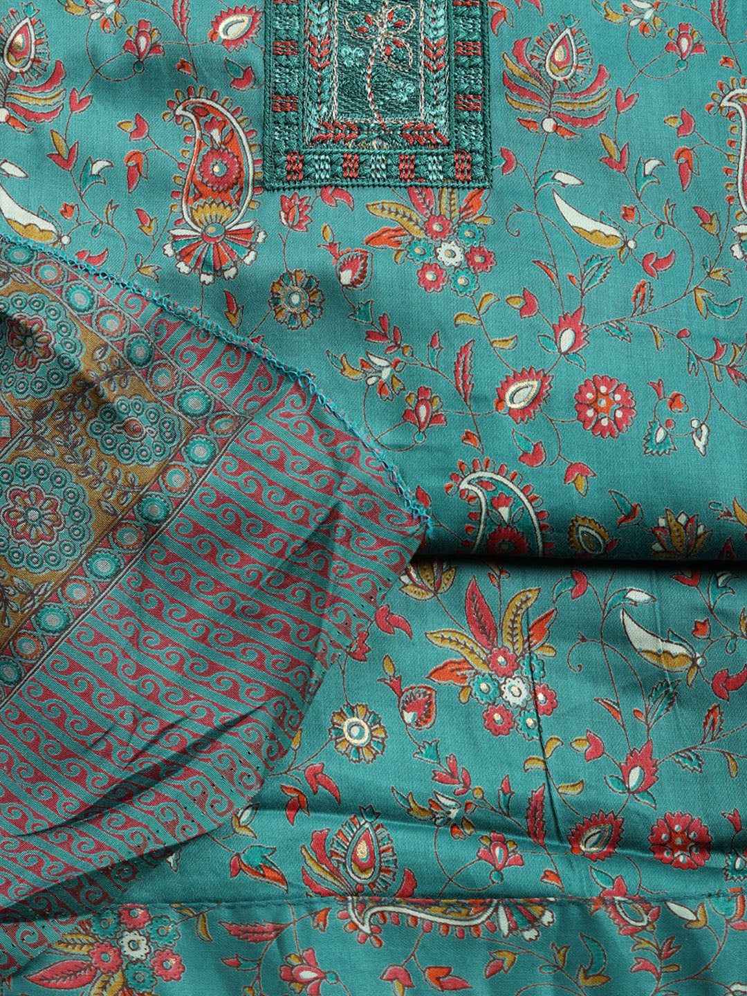 Printed Cotton Blend Unstitched Suit With Pant &amp; Dupatta
