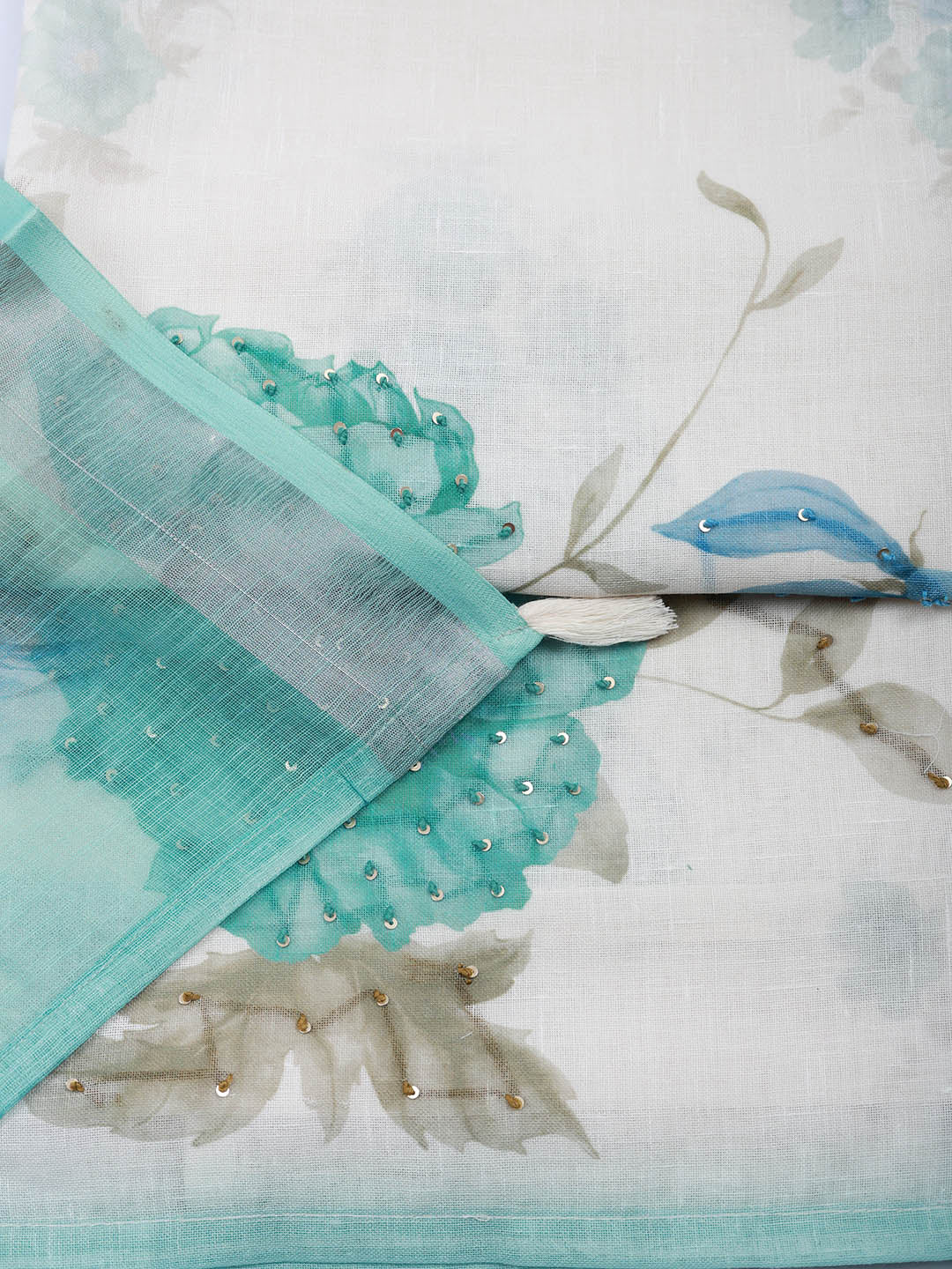 Printed Linen Blend Unstitched Suit With Pant &amp; Dupatta