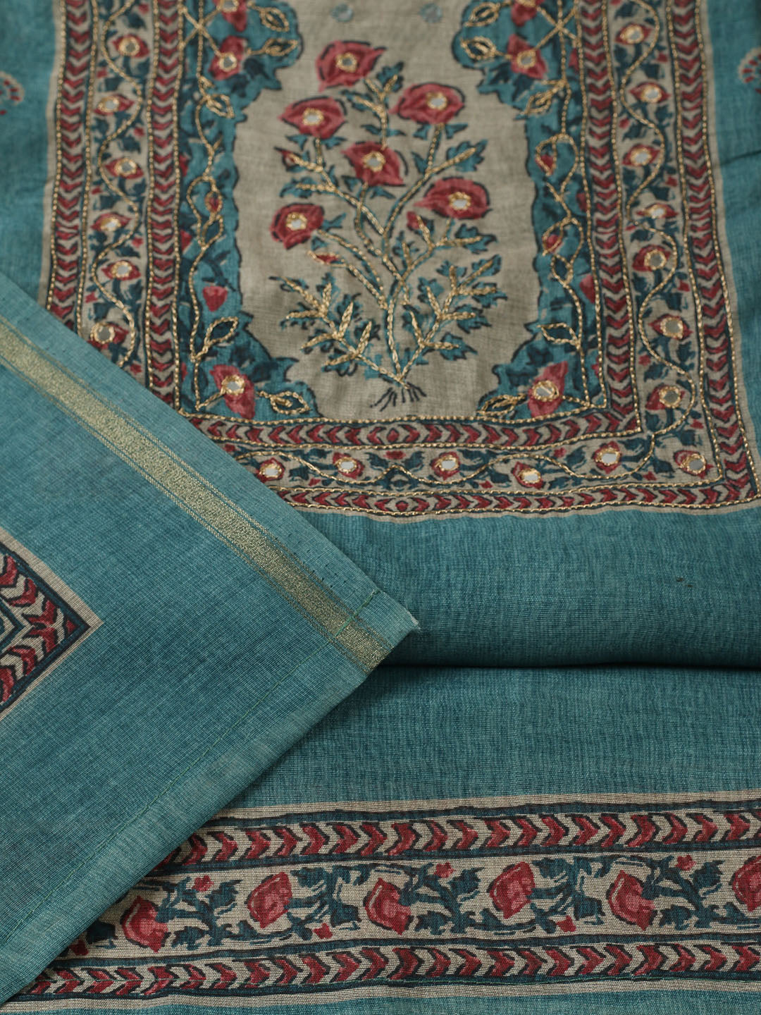 Printed Chanderi Unstitched Suit With Pant &amp; Dupatta