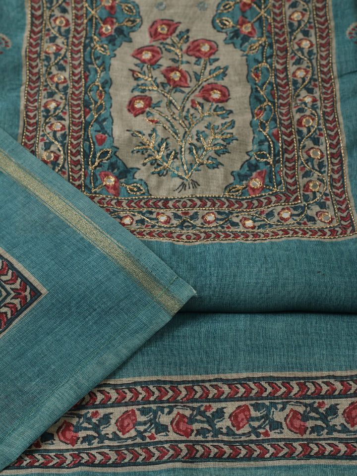 Printed Chanderi Unstitched Suit With Pant &amp; Dupatta