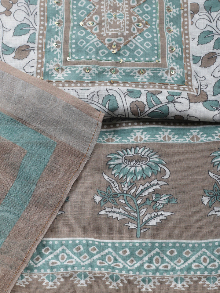 Printed Linen Blend Unstitched Suit With Pant &amp; Dupatta