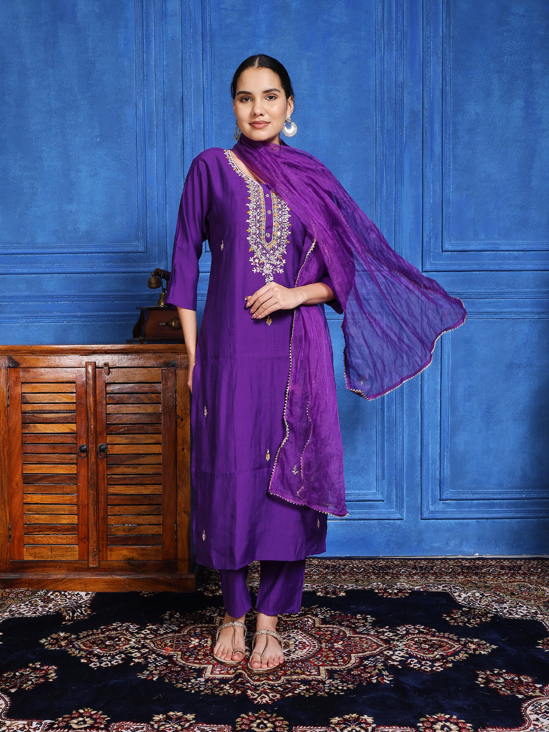 Printed Cotton Blend Kurta With Pants &amp; Dupatta