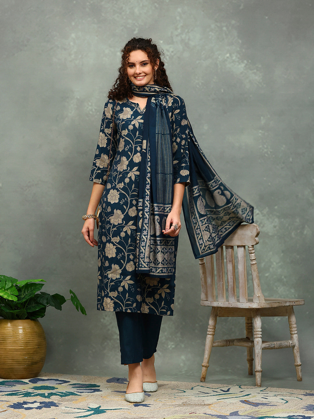 Printed Cotton Blend Kurta With Pants &amp; Dupatta