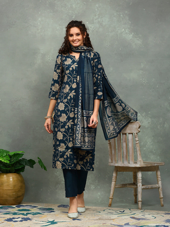 Printed Cotton Blend Kurta With Pants &amp; Dupatta