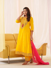 Neck Embroidered Art Silk Kurta With Pants & Dupatta