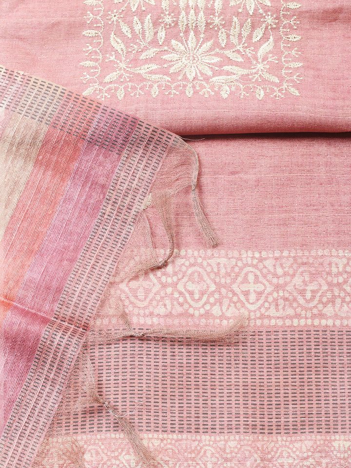 Embroidered Chanderi Unstitched Suit With Pant &amp; Dupatta