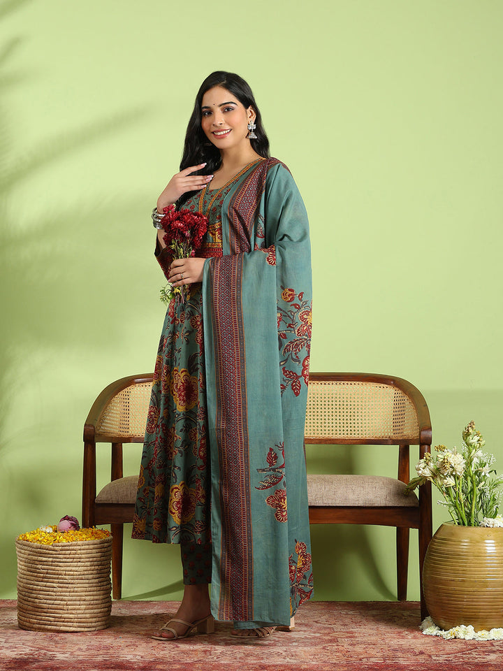 Printed Cotton Kurta With Pant &amp; Dupatta