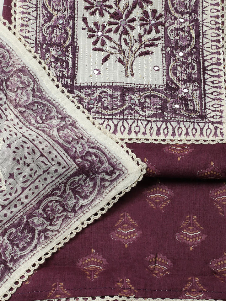 Printed Cotton Blend Unstitched Suit With Pant &amp; Dupatta