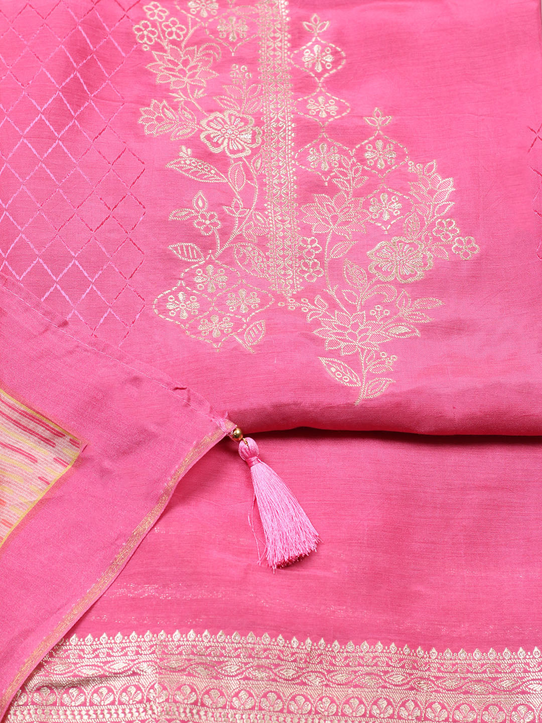 Embroidered Art Silk Unstitched Suit With Pant &amp; Dupatta