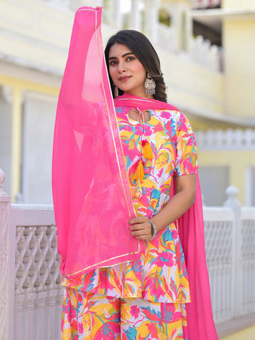 Floral Printed Cotton Kurta With Pants & Dupatta