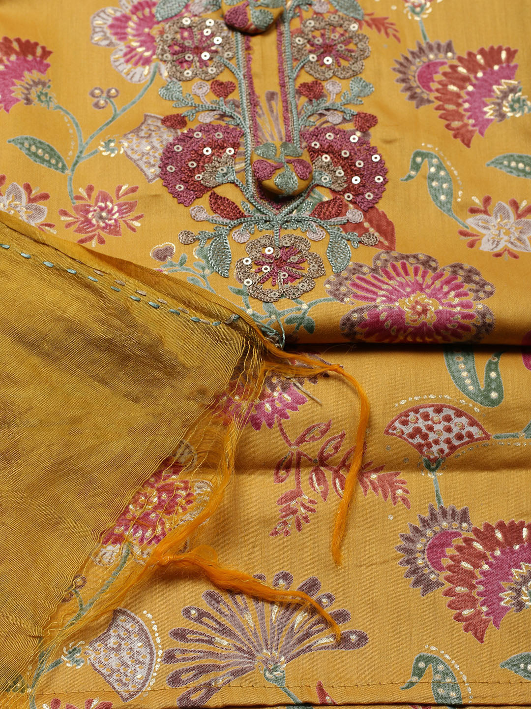 Embroidered Cotton Blend Unstitched Suit With Pant &amp; Dupatta