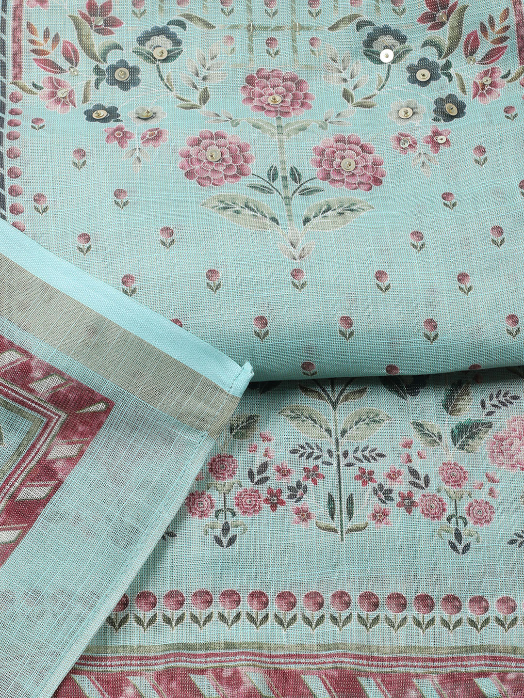 Printed Linen Blend Unstitched Suit With Pant &amp; Dupatta
