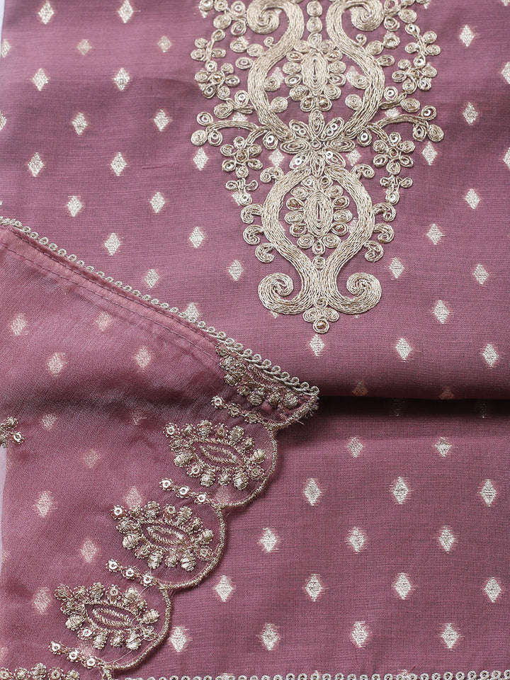 Embroidered Chanderi Unstitched Suit With Pant &amp; Dupatta