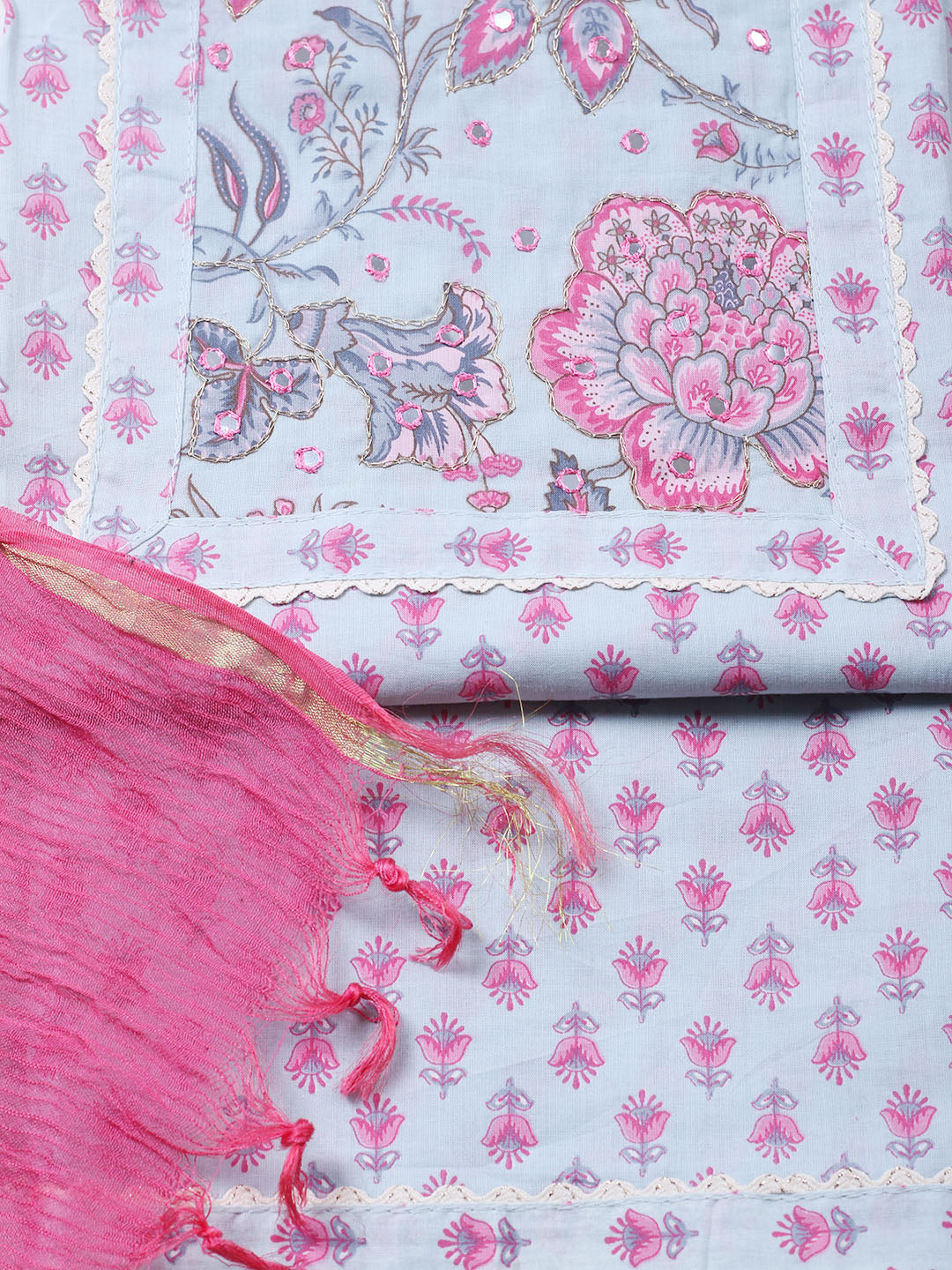 Printed Cotton Blend Unstitched Suit With Pant &amp; Dupatta