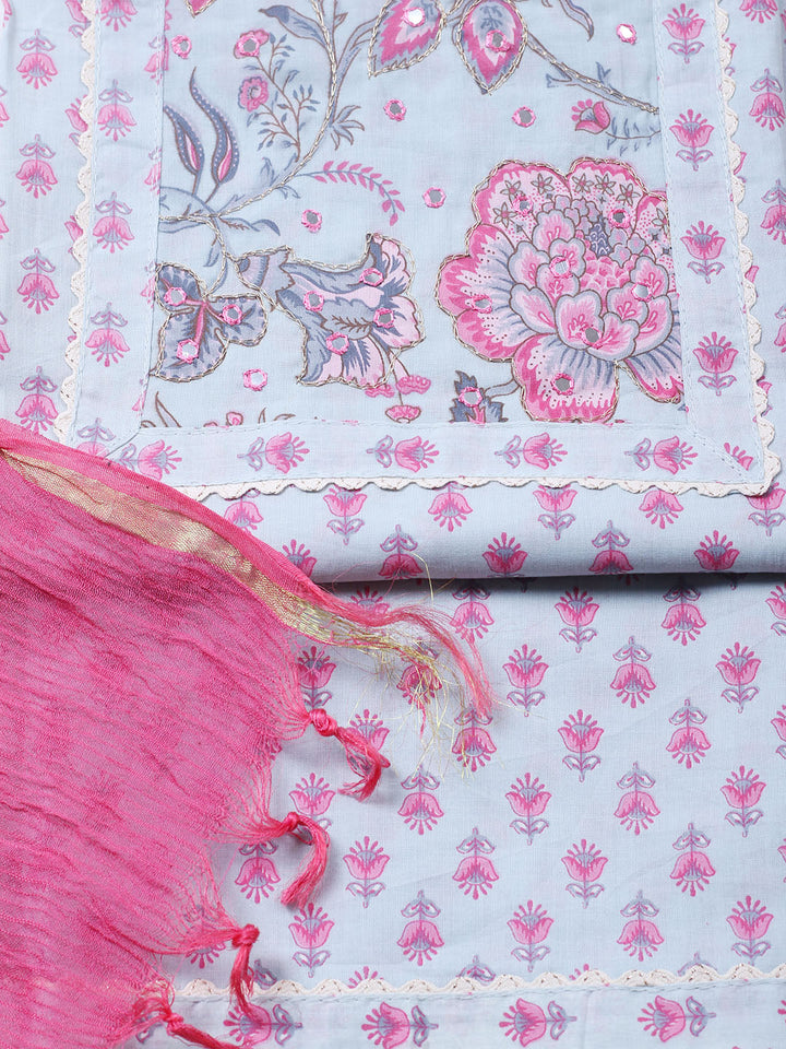 Printed Cotton Blend Unstitched Suit With Pant &amp; Dupatta