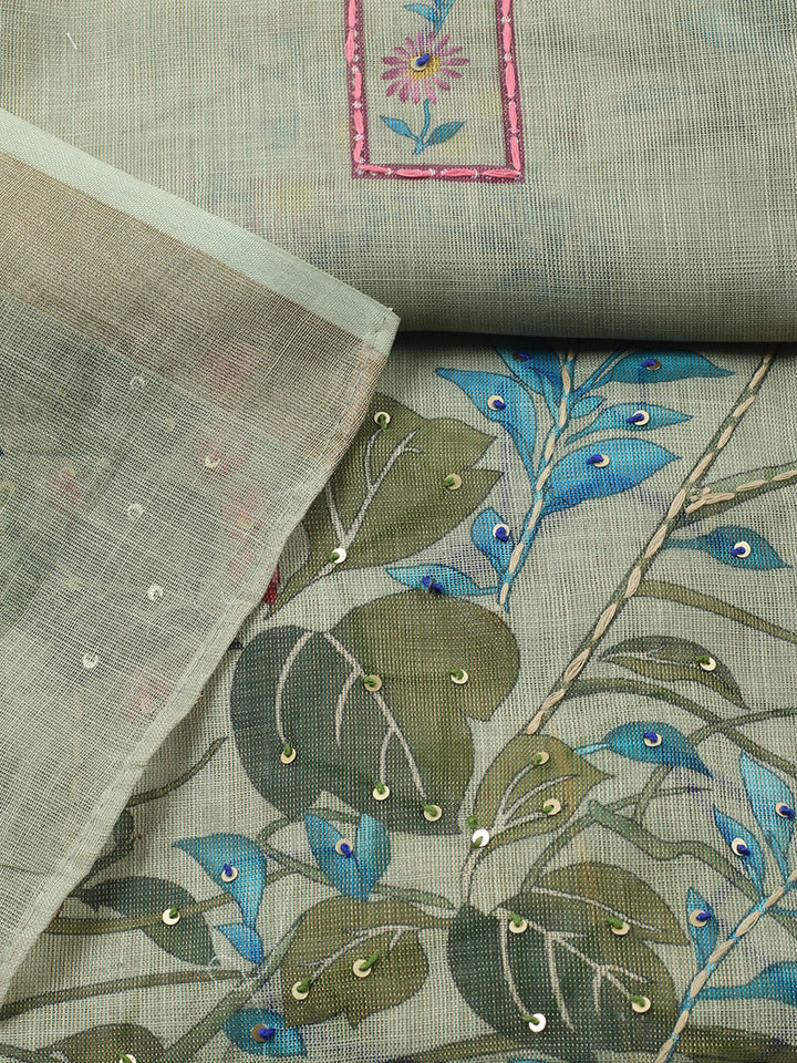 Printed Linen Blend Unstitched Suit With Pant &amp; Dupatta