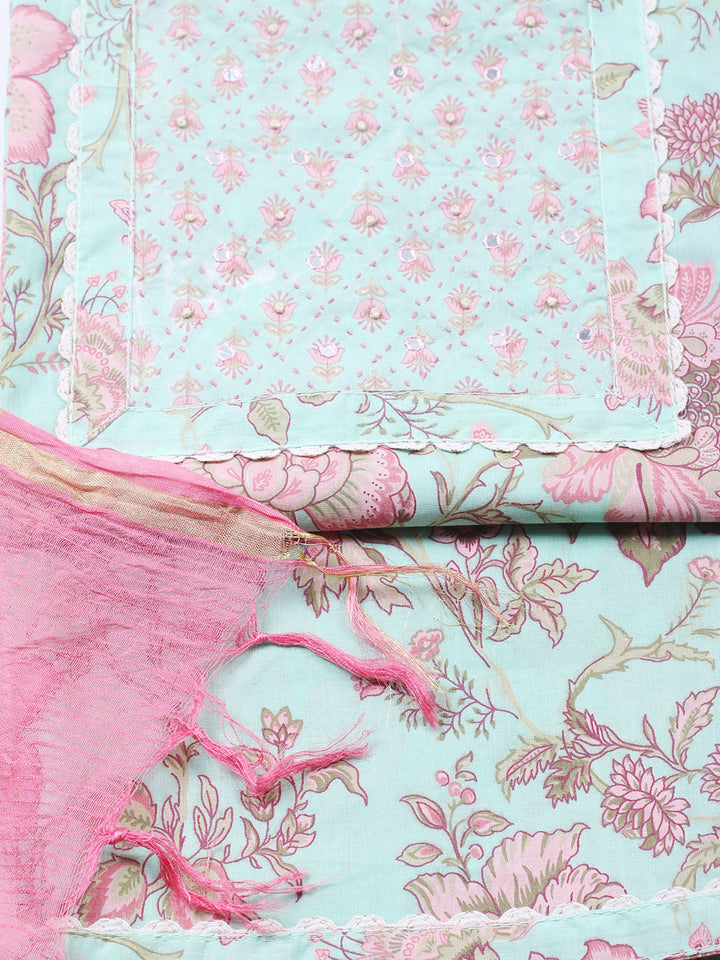 Printed Cotton Blend Unstitched Suit With Pant &amp; Dupatta