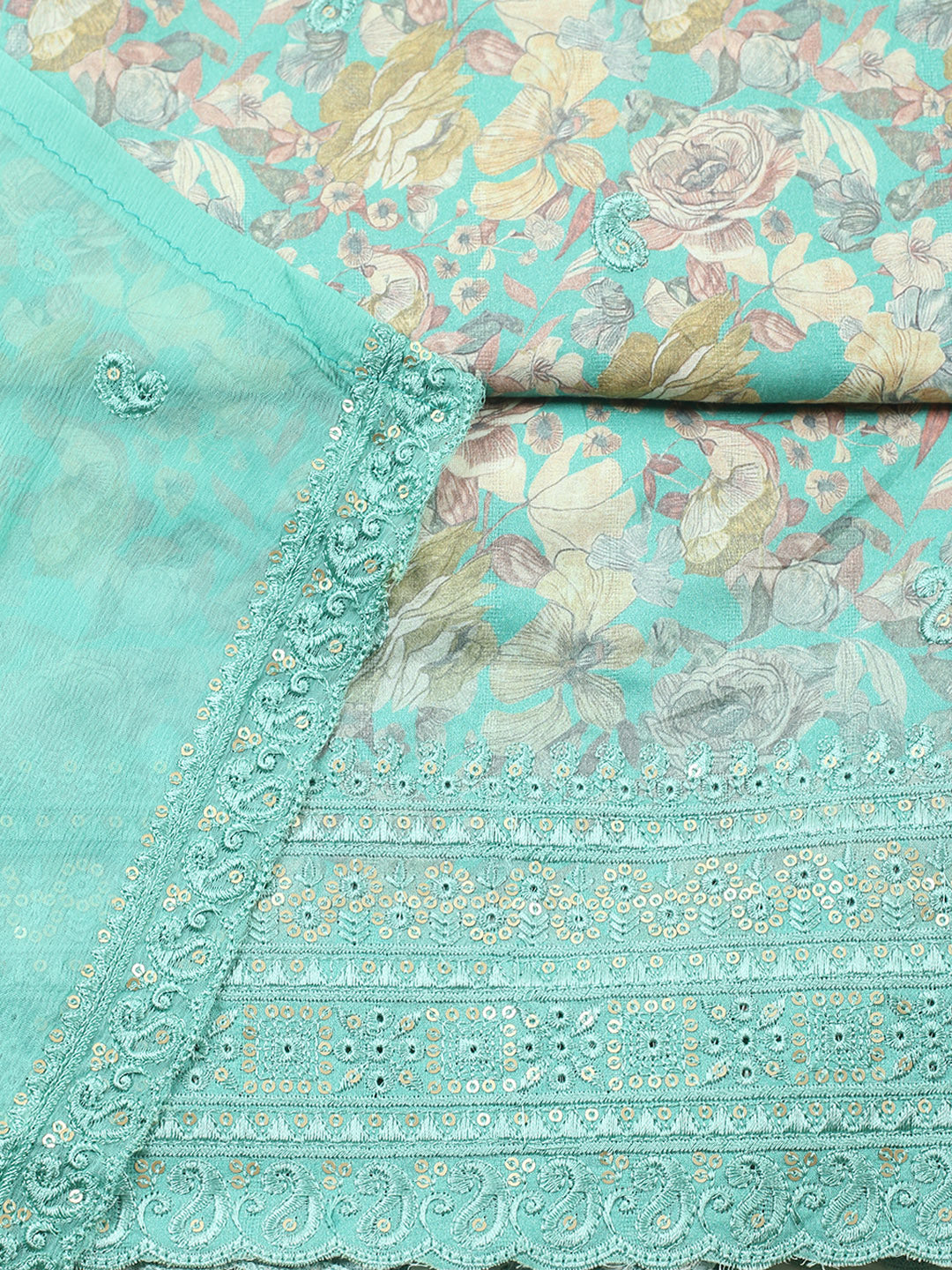 Embroidered, Chanderi Unstitched Suit With Pant &amp; Dupatta