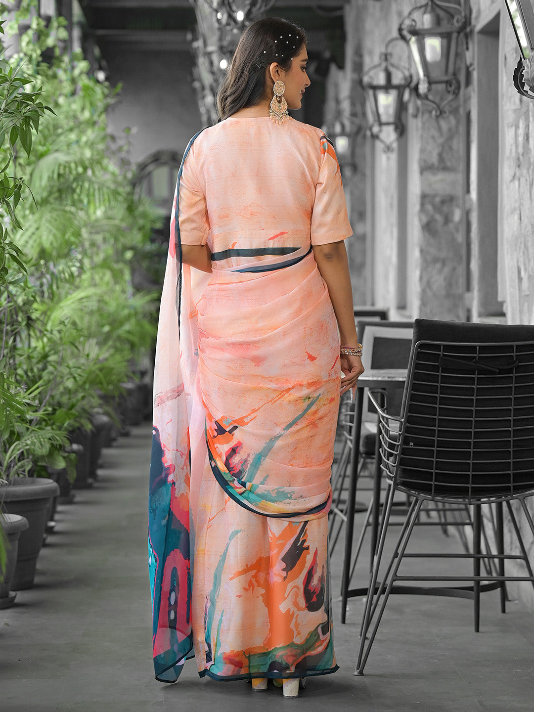 Printed Georgette Readymade Saree With Stitched Blouse