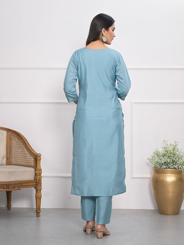 Neck Embroidery Muslin Kurta With Pants &amp; Dupatta