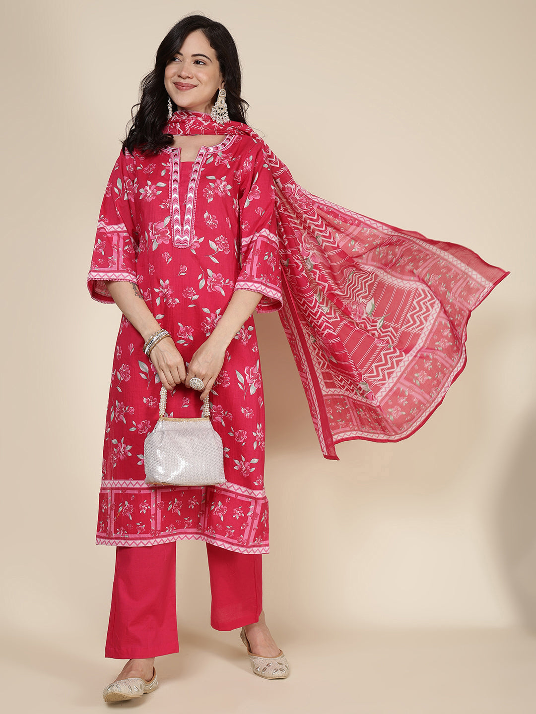 Printed Cotton Blend Kurta With Pants & Dupatta