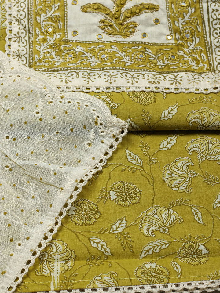 Printed Cotton Blend Unstitched Suit With Pant &amp; Dupatta