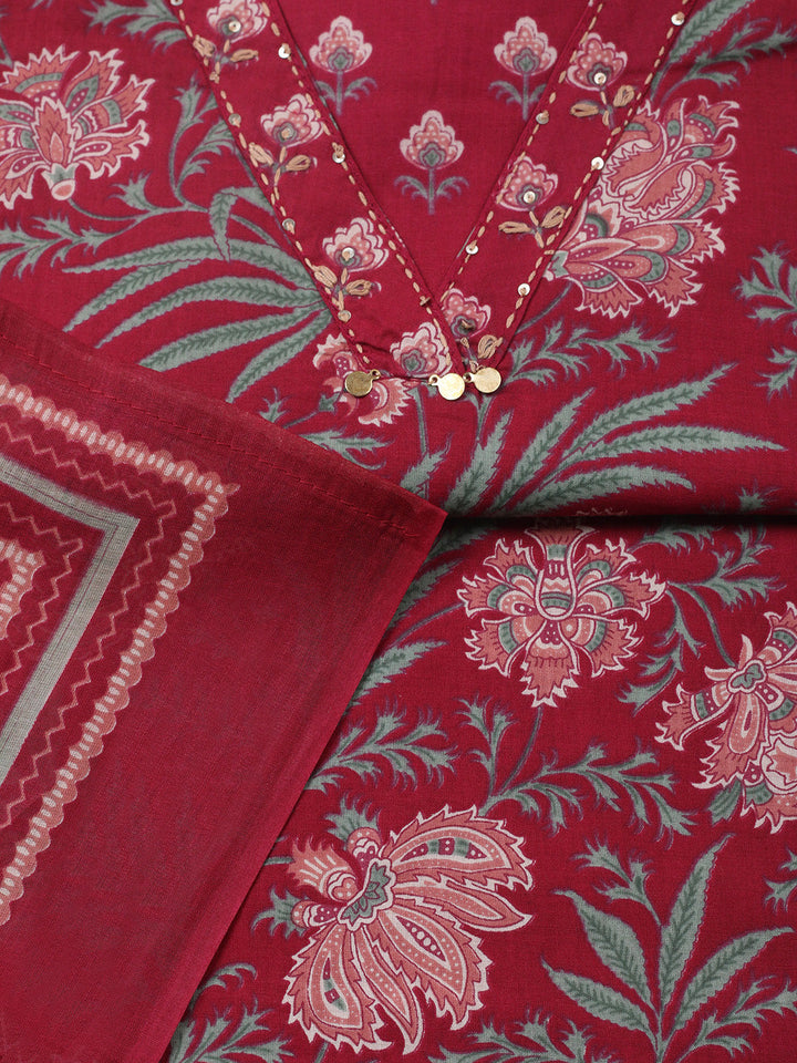 Printed Chanderi Unstitched Suit With Pant &amp; Dupatta