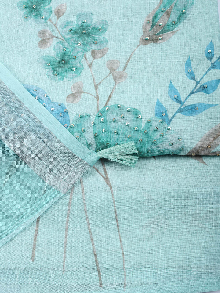Embroidered Linen Blend Unstitched Suit With Pant &amp; Dupatta