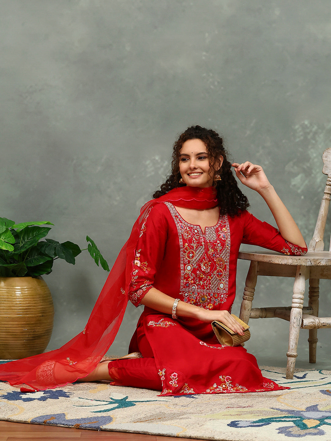 Resham Work Art Silk Kurta With Pants & Dupatta