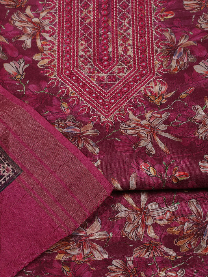 Embroidered Tussar Unstitched Suit With Pant Dupatta