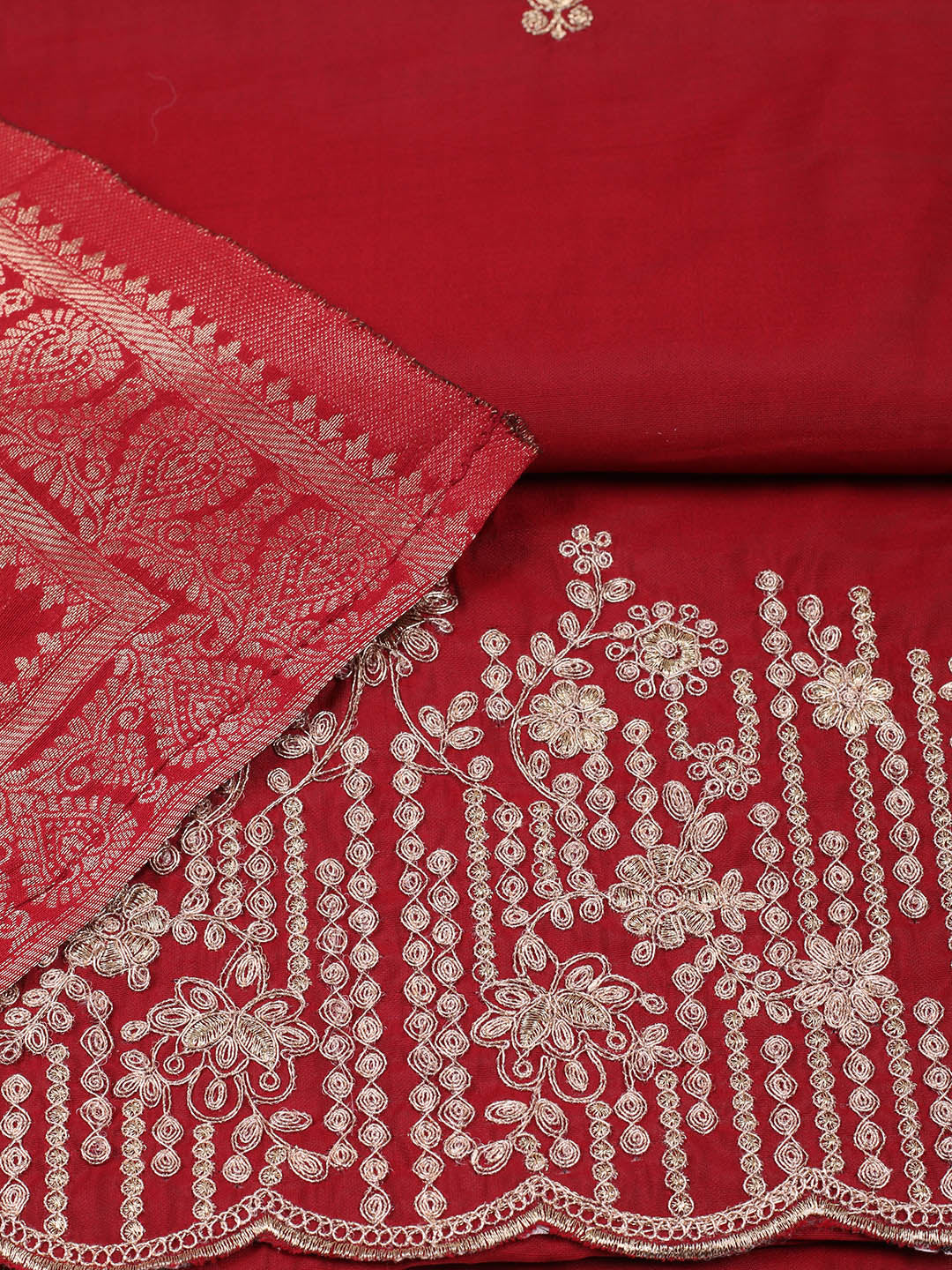 Embroidered Chanderi Unstitched Suit With Pant &amp; Dupatta