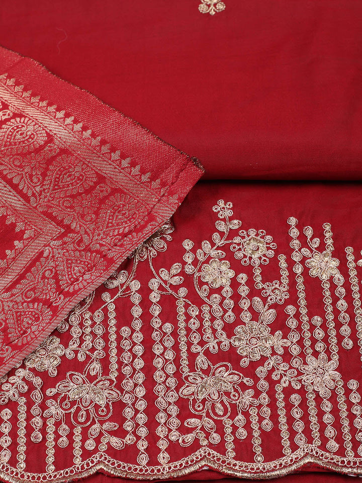 Embroidered Chanderi Unstitched Suit With Pant &amp; Dupatta