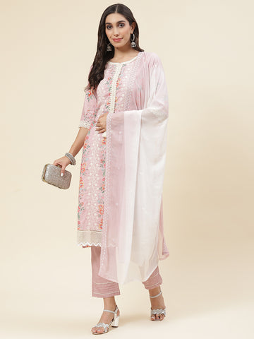 Floral Printed & Embroidered Cotton Kurta With Pants & Dupatta