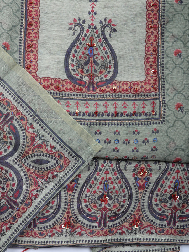 Embellished Chanderi Unstitched Suit With Pant &amp; Dupatta