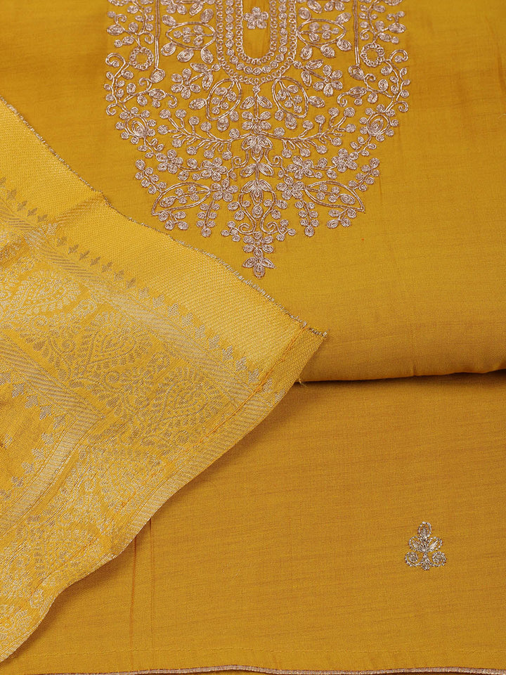 Embroidered Chanderi Unstitched Suit With Pant &amp; Dupatta
