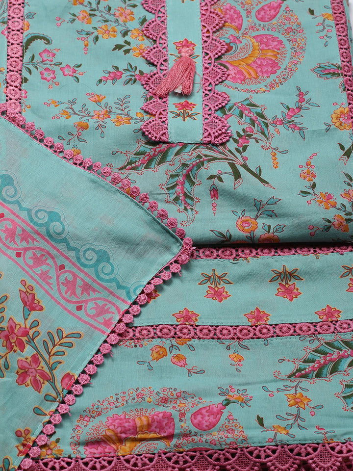 Embroidered Cotton Blend Unstitched Suit With Pant &amp; Dupatta