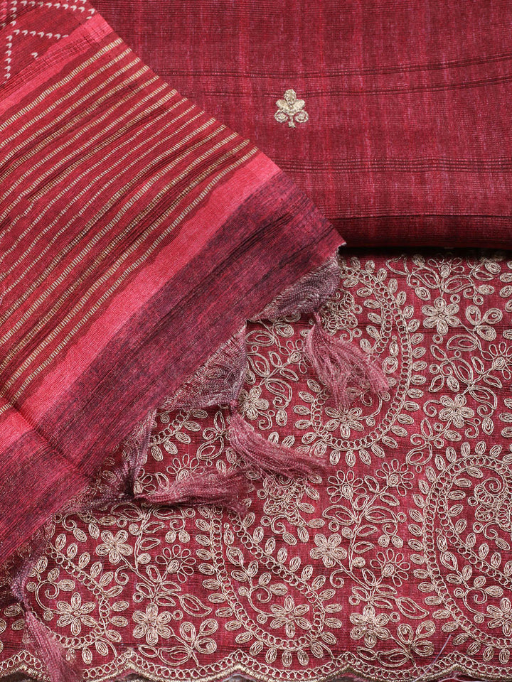 Embroidered Tussar Unstitched Suit With Pant &amp; Dupatta