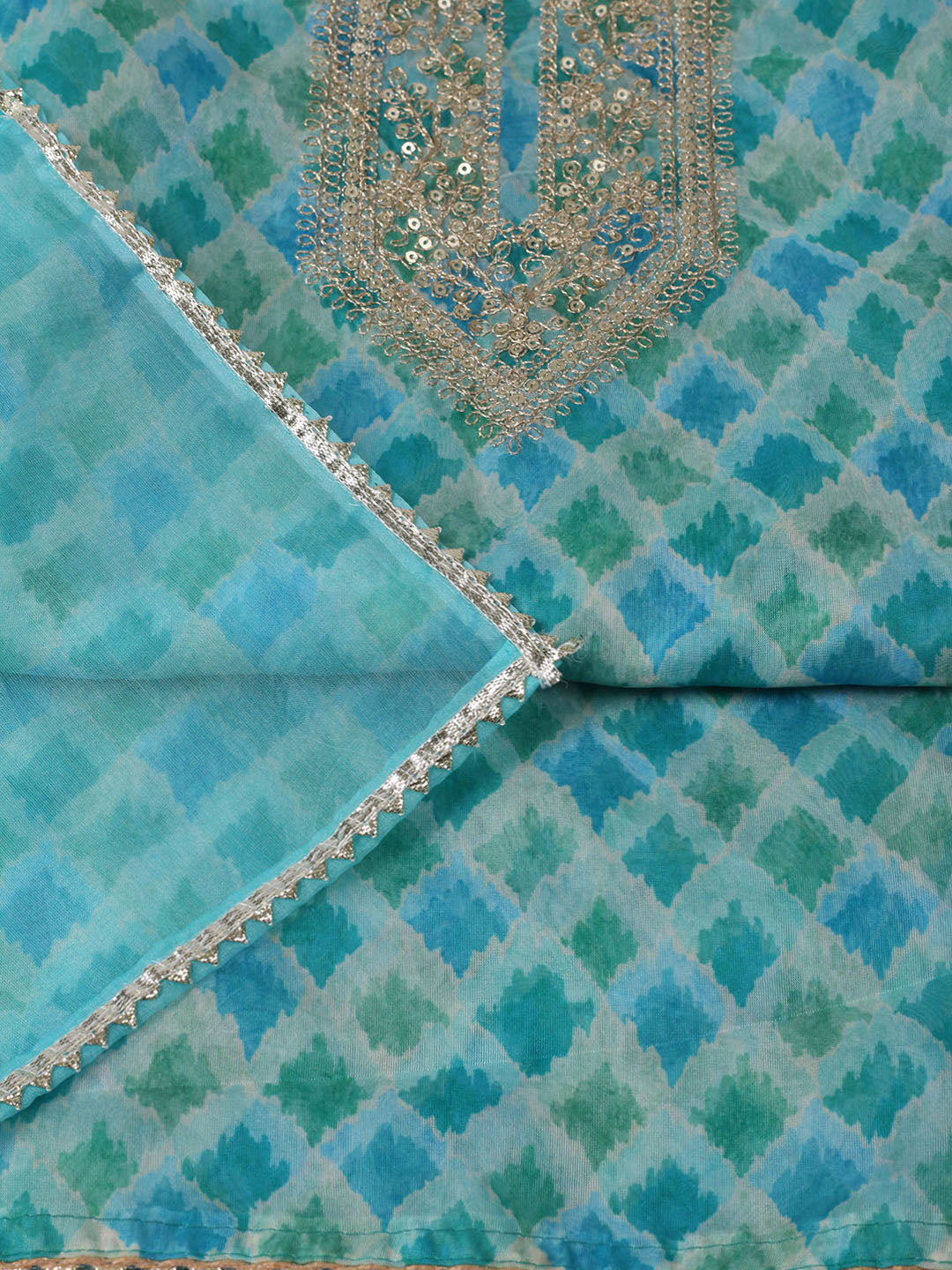 Neck Zari Embroidery Organza Unstitched Suit Piece With Dupatta