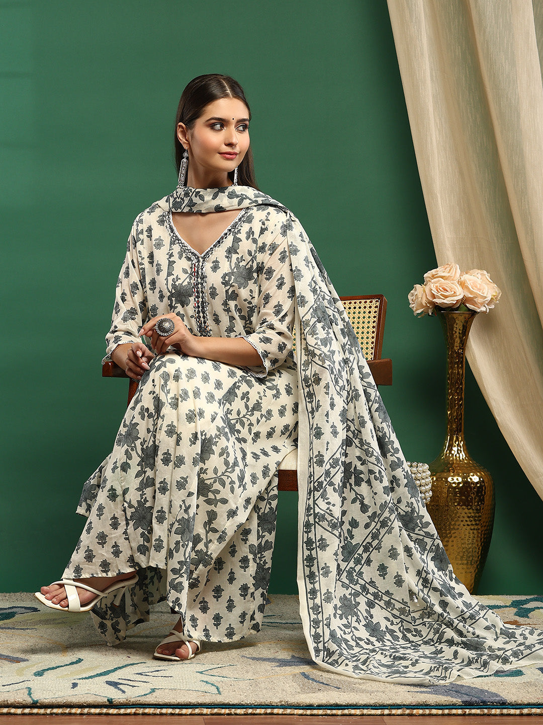 Printed Cotton Blend Kurta With Pant &amp; Dupatta
