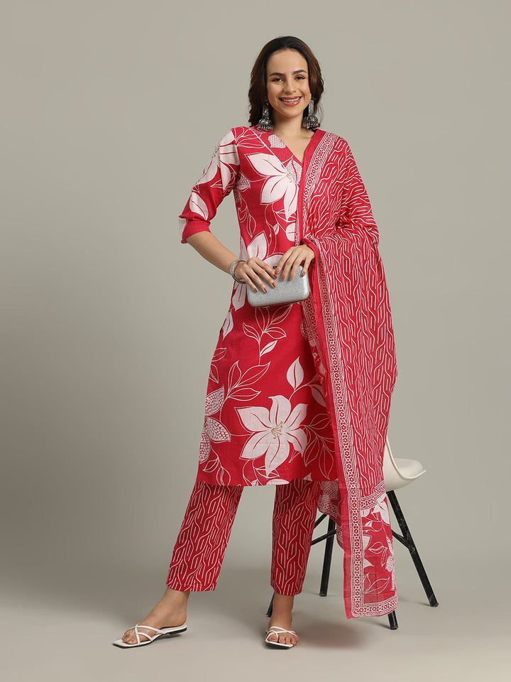 Floral Printed Cotton Blend Kurta With Pants &amp; Dupatta