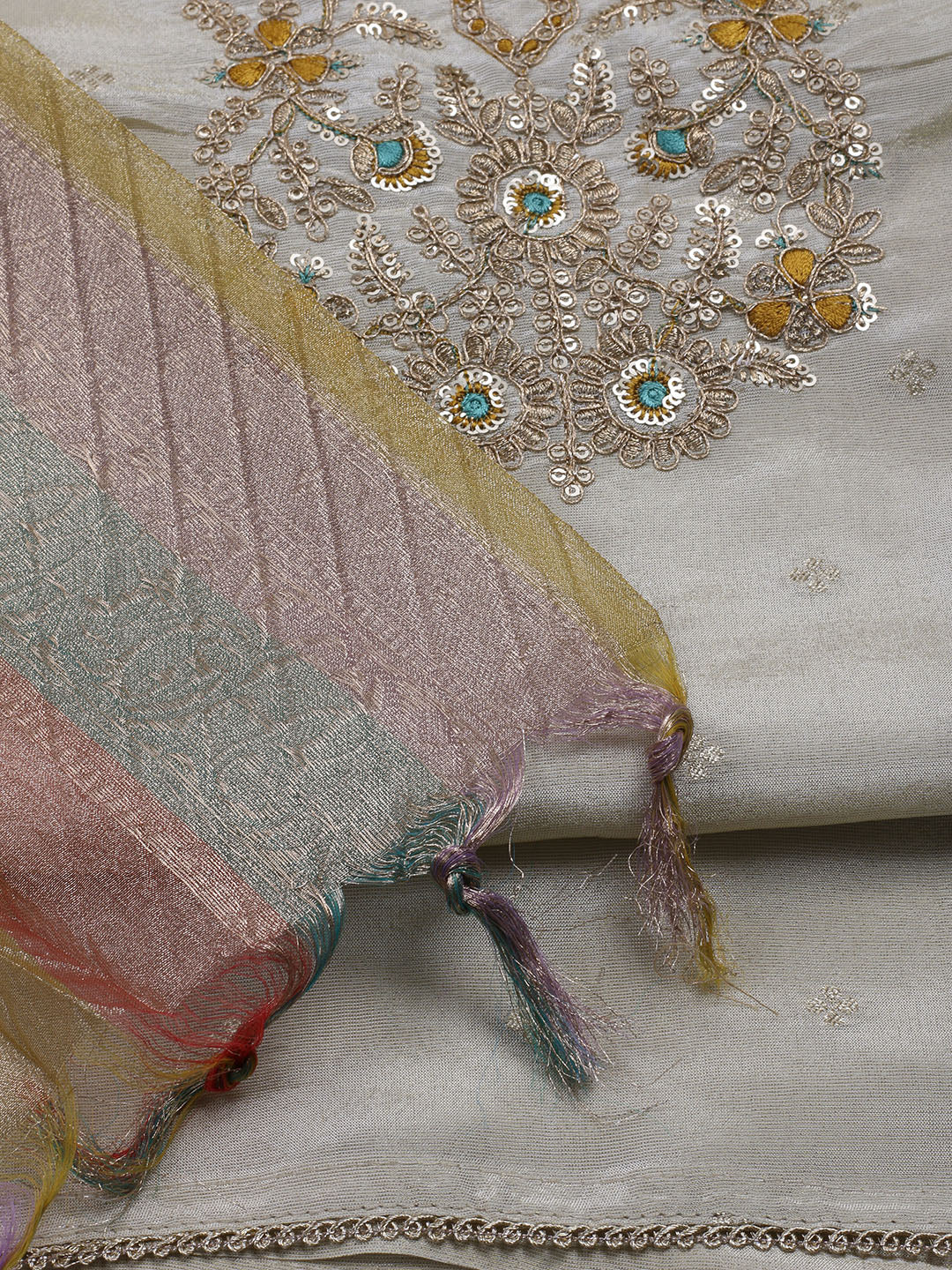 Neck Embroidered Chanderi Unstitched Suit With Dupatta