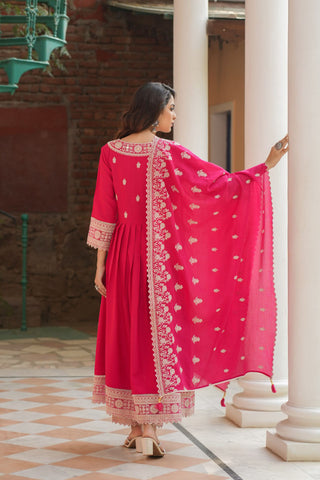 Resham Embroidery Cotton Blend Kurta With Pants & Dupatta