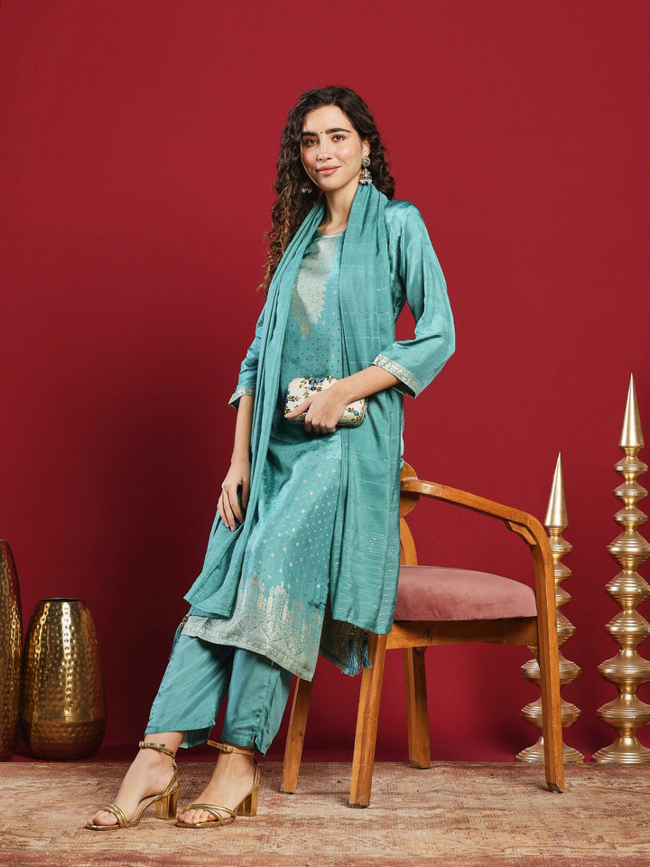 Embroidered Cotton Kurta With Pant &amp; Dupatta