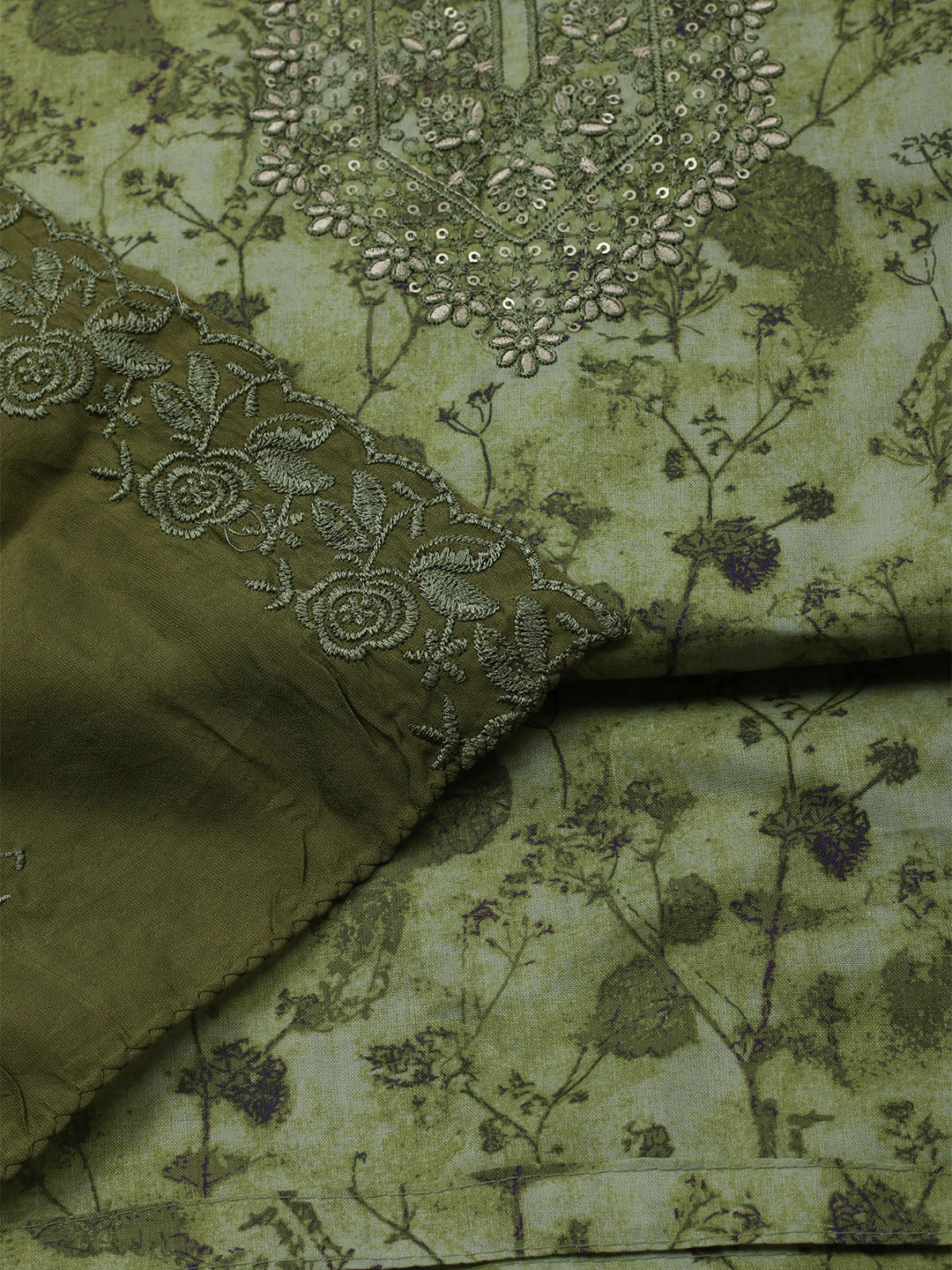 Embroidered Cotton Blend Unstitched Kurta With Pant & Dupatta