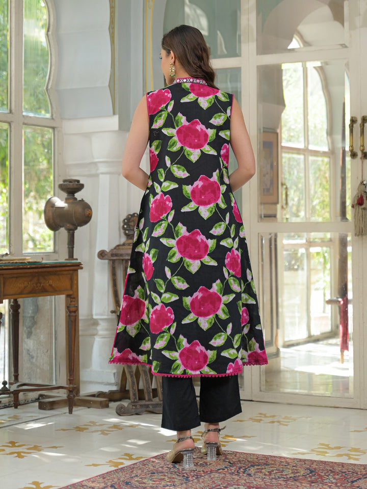 Black Cotton Blend Printed Straight Suit Set