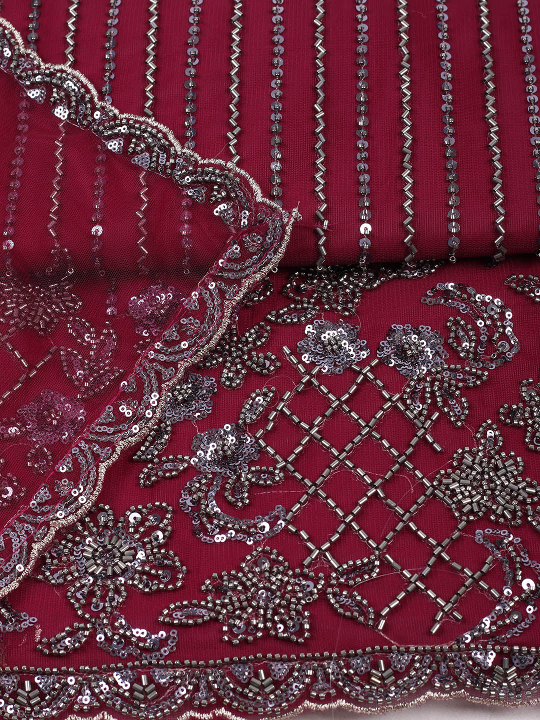 Embroidered Net Unstitched Suit With Pant &amp; Dupatta