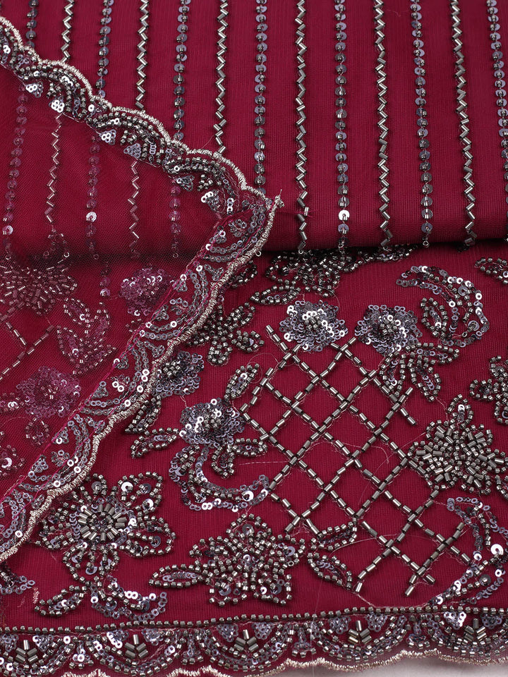 Embroidered Net Unstitched Suit With Pant &amp; Dupatta