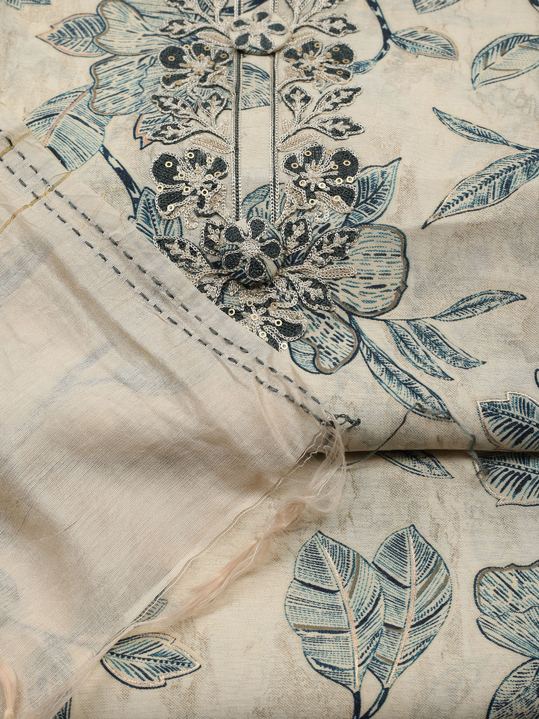 Embroidered Cotton Blend Unstitched Suit With Pant &amp; Dupatta
