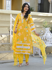 Printed Cotton Blend Kurta With Pants & Dupatta